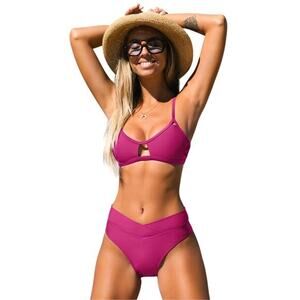 Cupshe Women's Tempest Cutout Bralette & V Front High Waist‎ Pink Bikini Set S